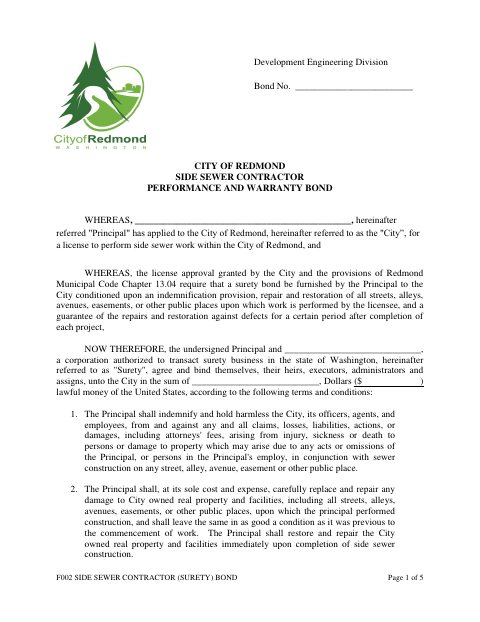 First page of the Side Sewer Contractor Performance and Warranty Bond