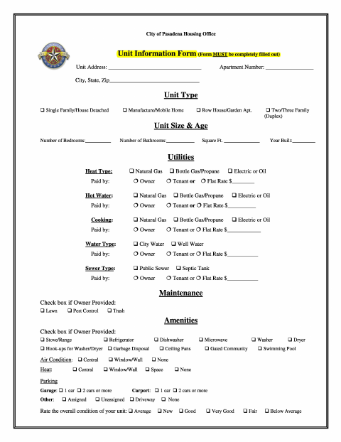 First page of the Unit Information Sheet