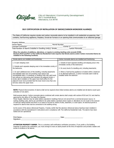 First page of the Self Certification of Installation of Smoke/Carbon Monoxide Alarms