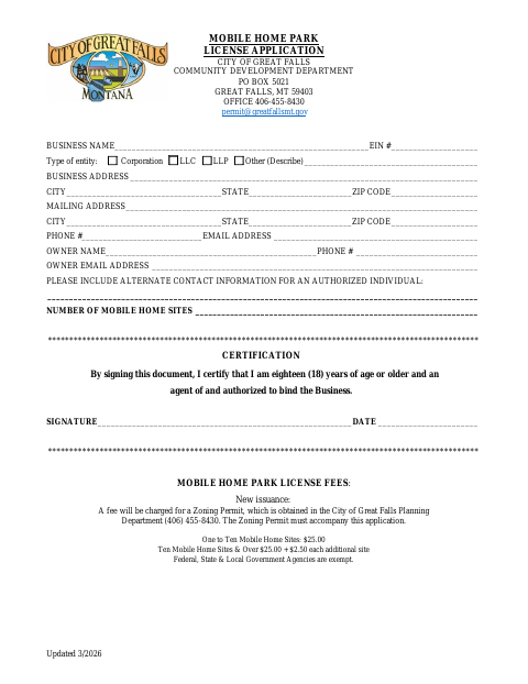 First page of the Mobile Home Park License Application