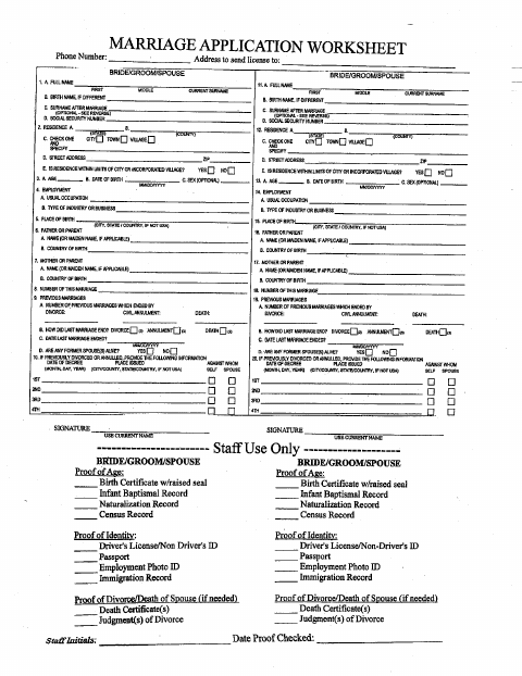 First page of the Marriage Application Worksheet