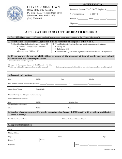 First page of the Application for Copy of Death Record