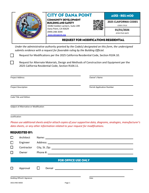 First page of the Request for Modifications - Residential