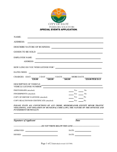 First page of the Peddlers/Solicitors Special Events Application