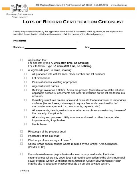 First page of the Lots of Record Certification Checklist