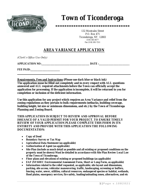First page of the Area Variance Application