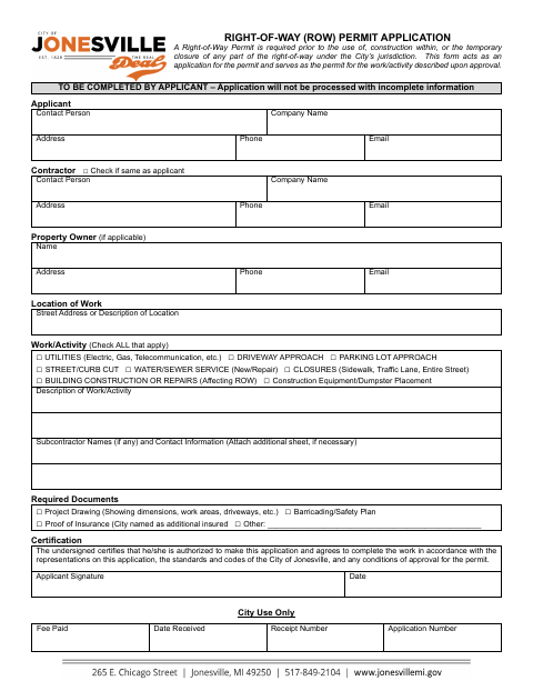 First page of the Right-Of-Way Permit Application