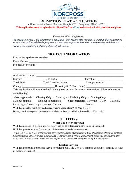 First page of the Exemption Plat Application