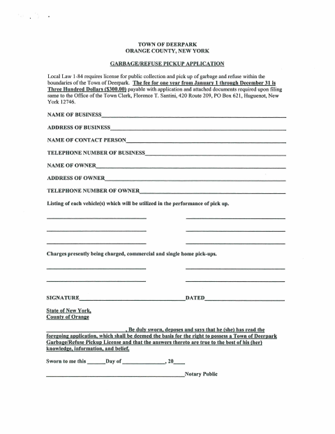 First page of the Garbage/Refuse Pickup Application