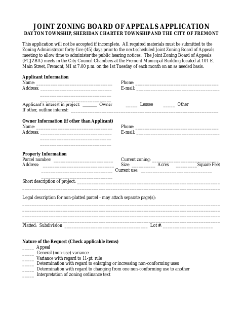 First page of the Joint Zoning Board of Appeals Application