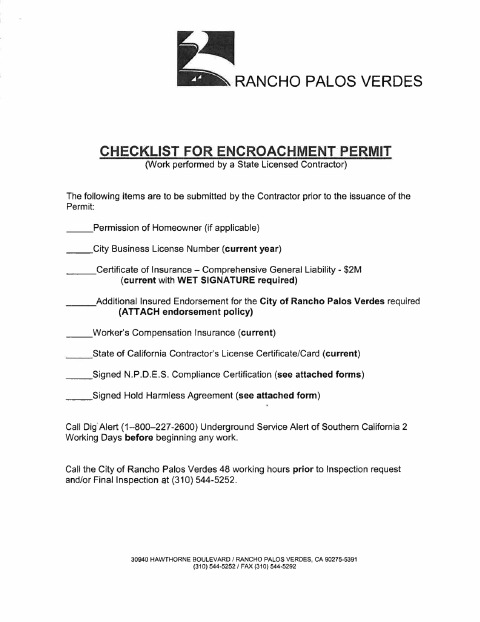First page of the Encroachment Permit Package