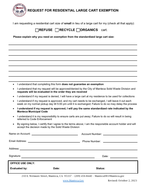 First page of the Request for Residential Large Cart Exemption