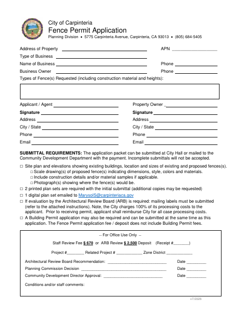 First page of the Fence Permit Application