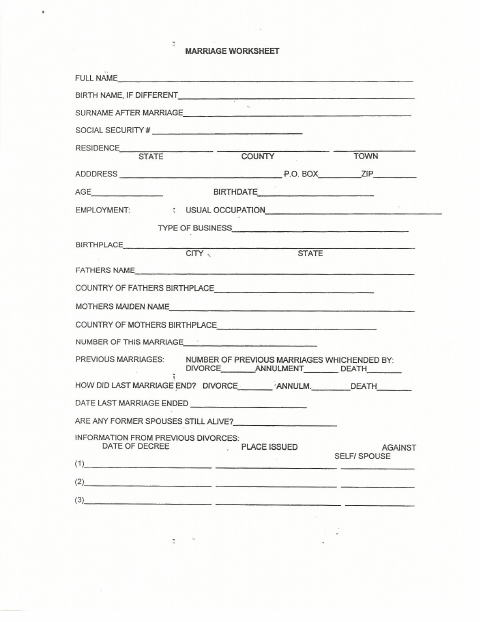 First page of the Marriage Worksheet