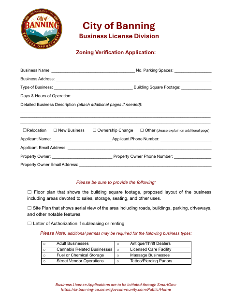 First page of the Zoning Verification Application