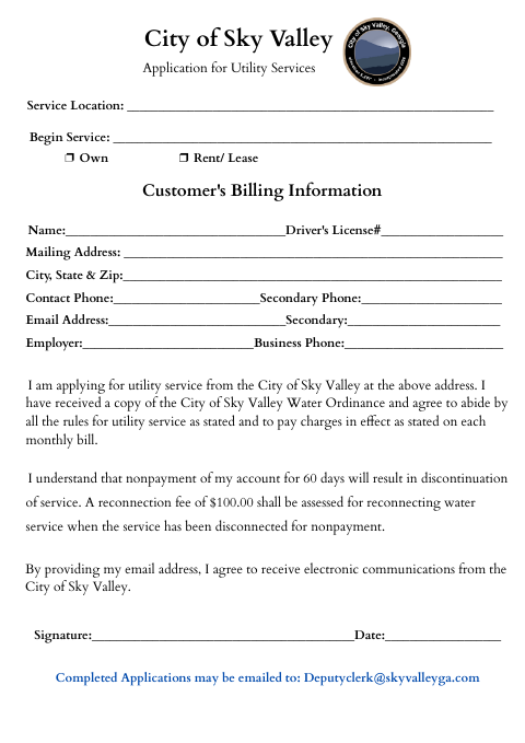 First page of the Application for Utility Services
