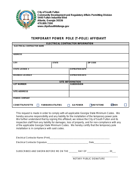 First page of the Temporary Power Pole Affidavit