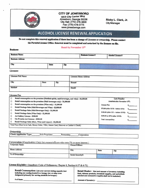 First page of the Alcohol License Renewal Application