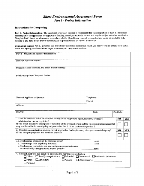 First page of the Short Environmental Assessment Form