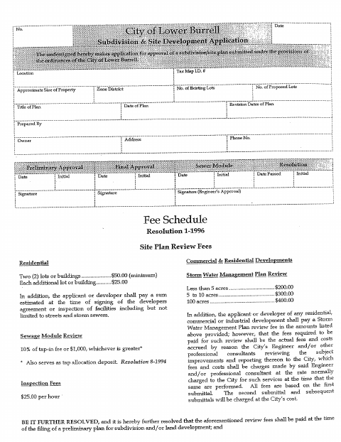 First page of the Subdivision and Site Development Application