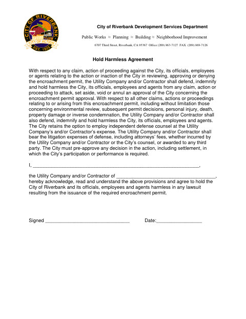 First page of the Hold Harmless Agreement for Contractors
