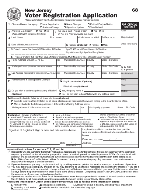 First page of the New Jersey Voter Registration Application