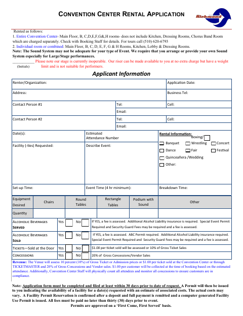 First page of the Convention Center Rental Application
