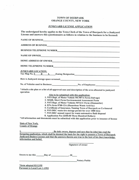 First page of the Junkyard License Application