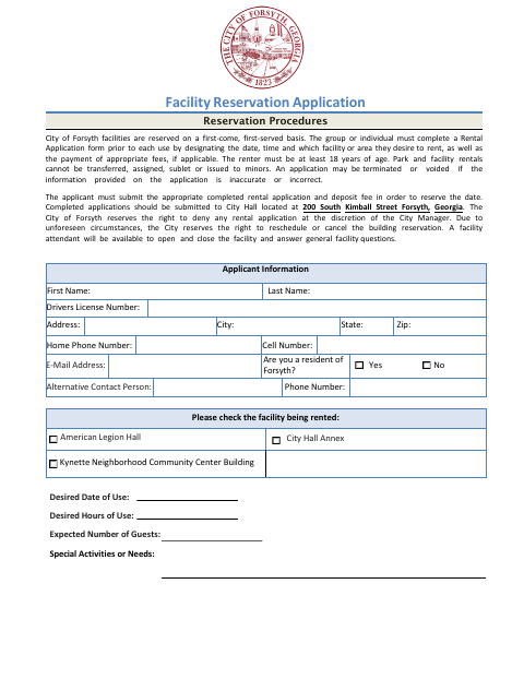 First page of the Facility Reservation Application