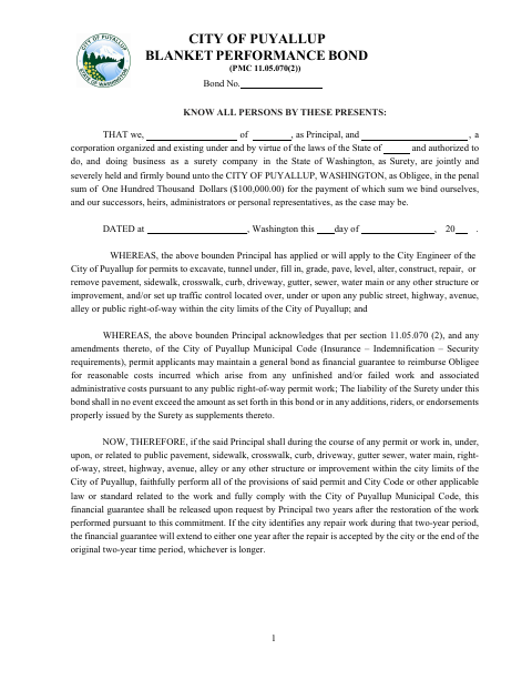 First page of the Blanket Performance Bond
