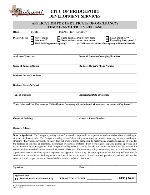 First page of the Application for Certificate of Occupancy or Temporary Utility Release