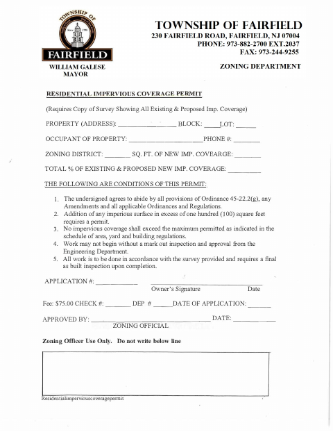 First page of the Residential Impervious Coverage Permit