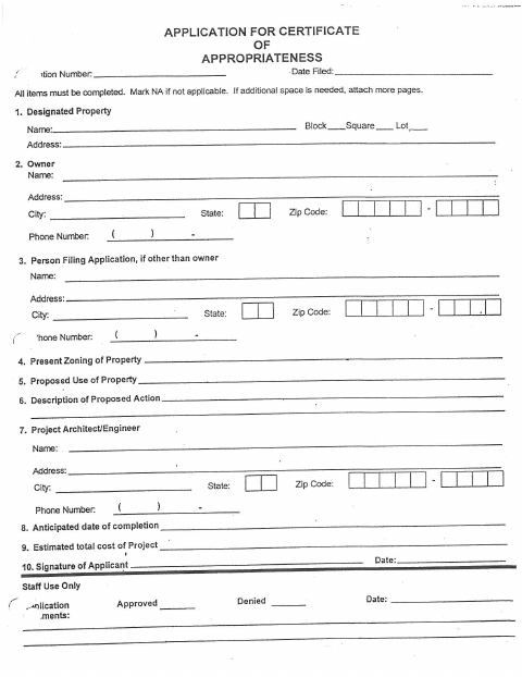First page of the Certificate of Appropriateness Application
