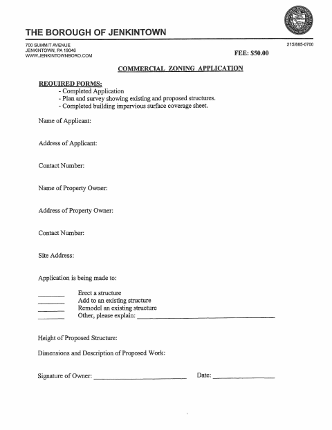 First page of the Commercial Zoning Application