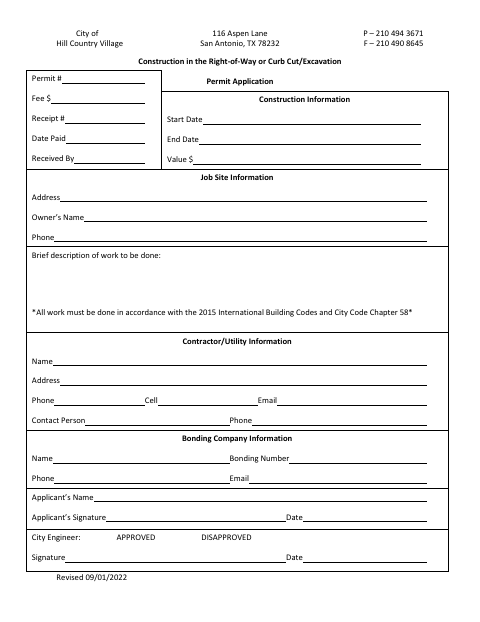 First page of the Construction in the Right-of-Way or Curb Cut/Excavation Permit Application