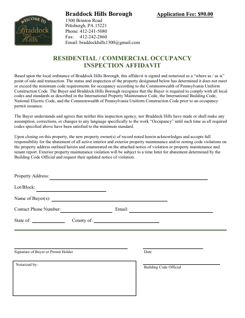 First page of the Residential / Commercial Occupancy Inspection Affidavit