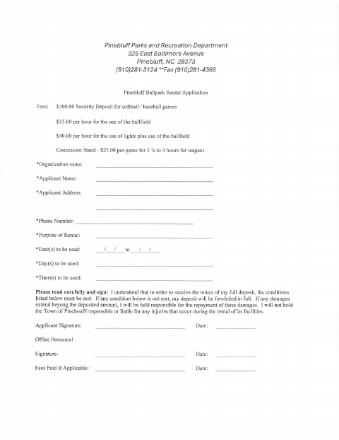 First page of the Pinebluff Ballpark Rental Application
