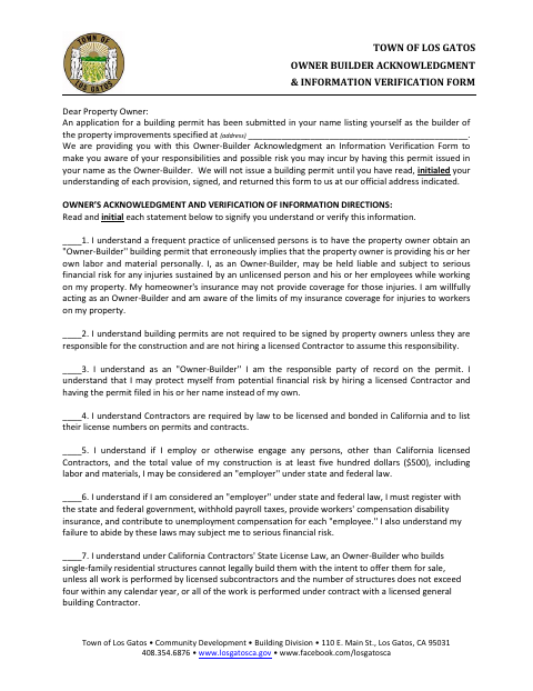 First page of the Owner Builder Acknowledgment & Information Verification Form