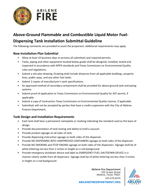 First page of the Above-Ground Fuel Tank Installation Submittal