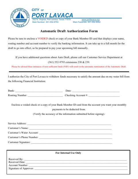 First page of the Automatic Draft Authorization Form