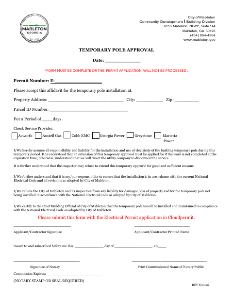 First page of the Temporary Pole Approval
