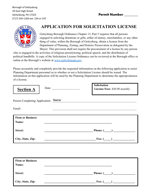 First page of the Application for Solicitation License