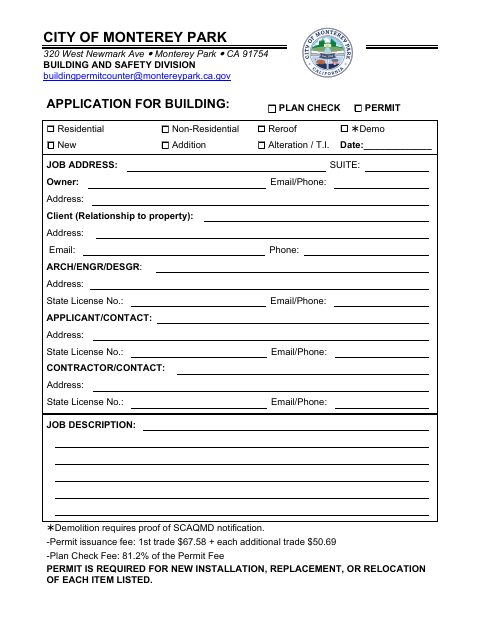 First page of the Application for Building: Plan Check Permit
