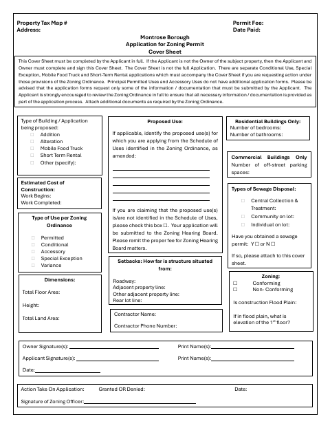 First page of the Application for Zoning Permit Cover Sheet