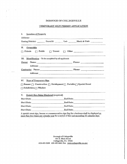 First page of the Temporary Sign Permit Application and Procedures