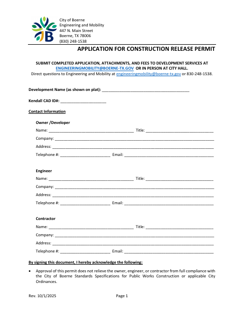 First page of the Application for Construction Release Permit