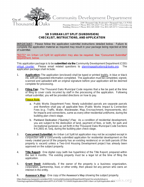 First page of the SB 9 Urban Lot Split Application