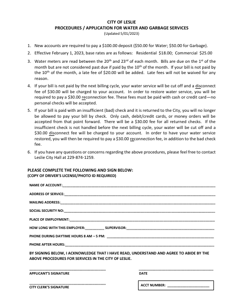 First page of the Water and Garbage Services Application