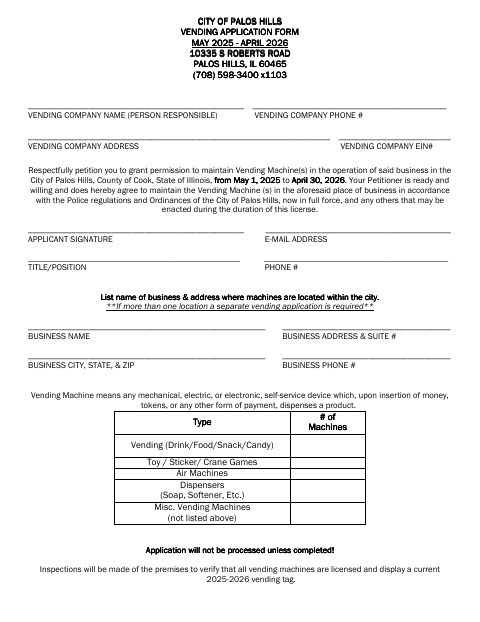 First page of the Vending Application Form