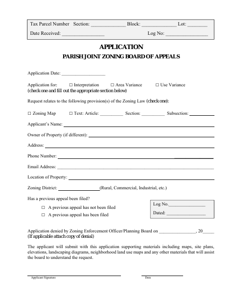 First page of the Joint Zoning Board of Appeals Application